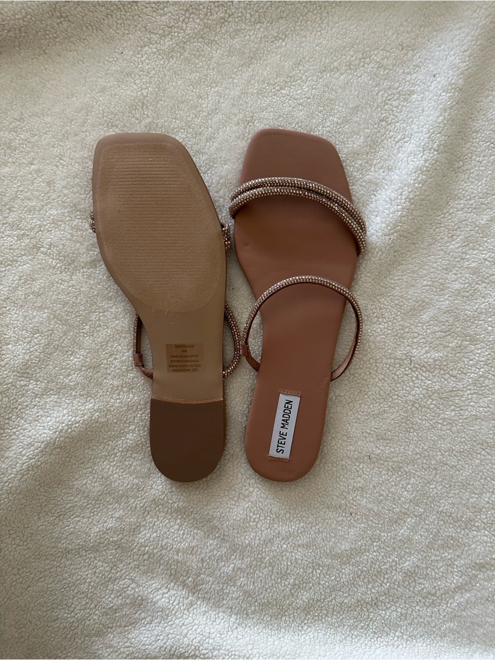 Steve Madden Tan Rhinestone-Strap Square-Toe Slide Sandals - Picture 3 of 4
